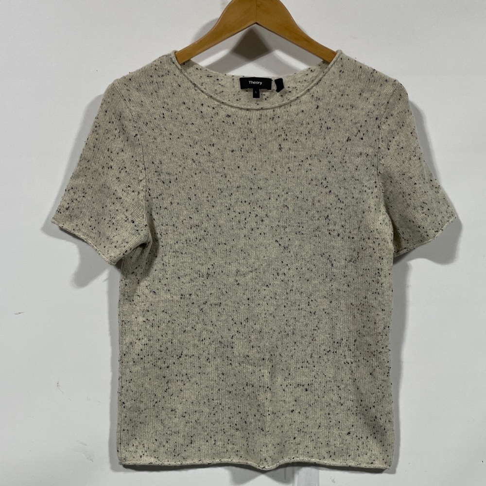 Theory Short Sleeve Crewneck Sweater in Speckled Cream